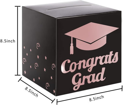 Graduation Card Box Holder, Congrats Grad Foldable Cardboard Decorations Box for Graduation Party Decoration and Grad Parties (Black)