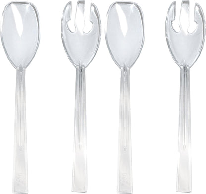 Party Essentials Hard Plastic 9-1/2" Two Piece Serving Utensil Set with Forks/Spoons, Clear, 6 Set-Count