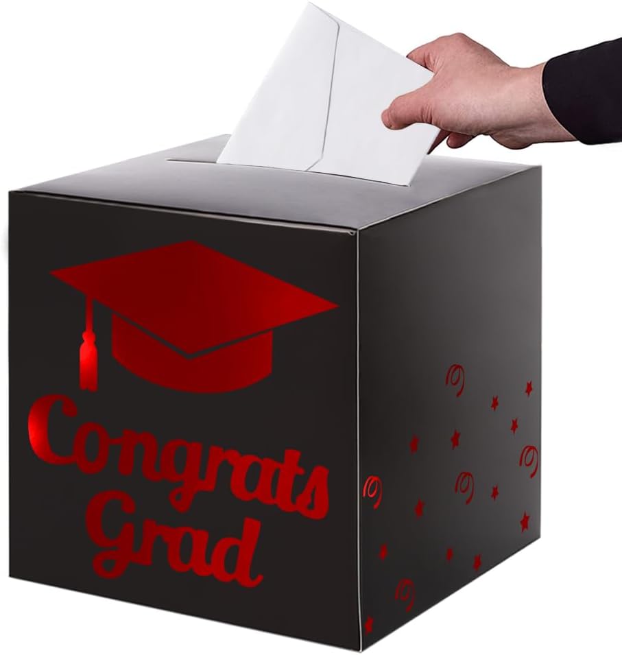 Graduation Card Box Holder, Congrats Grad Foldable Cardboard Decorations Box for Graduation Party Decoration and Grad Parties (Black)
