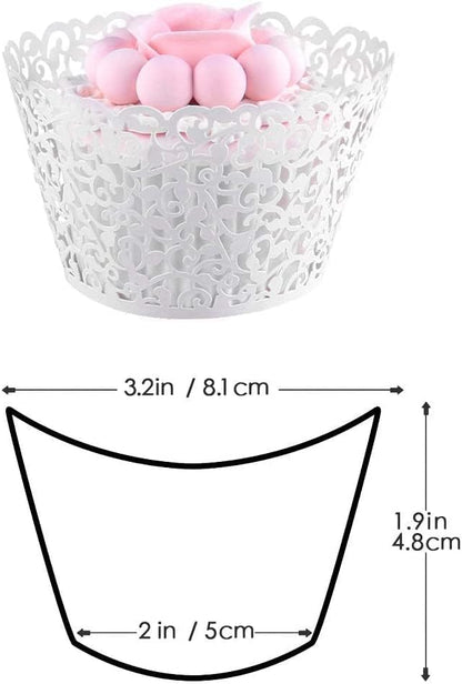 50 Pcs White Pearl Lace Laser Cut Filigree Wedding Cupcake Wrapper Baking Cake Cups Wraps Cupcake Muffin Case Trays for Special Occasions