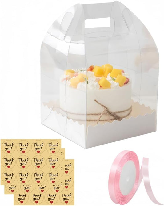 10Pcs Clear Cake Boxes with 10 Stickers and 1 Roll Ribbon,5.5X5.5 Inch Transparent Bakery Boxes Mini Cake Boxes Plastic Cupcake Candy Display Boxes for Home Wedding Birthday Party Baby Shower Favors