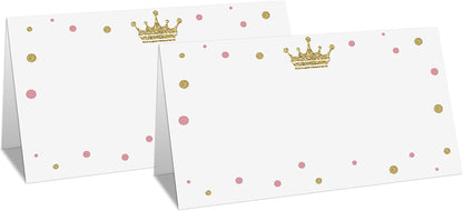 Table Place Card for Baby Shower, 25 Pcs Tent Cards Set with Pink & Gold Design, Editable Name Cards for Table Seating, Party Food Lables, Gold Crown Little Princess Baby Shower Decorations(05)