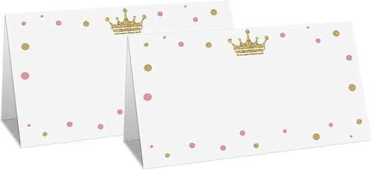 Table Place Card for Baby Shower, 25 Pcs Tent Cards Set with Pink & Gold Design, Editable Name Cards for Table Seating, Party Food Lables, Gold Crown Little Princess Baby Shower Decorations(05)