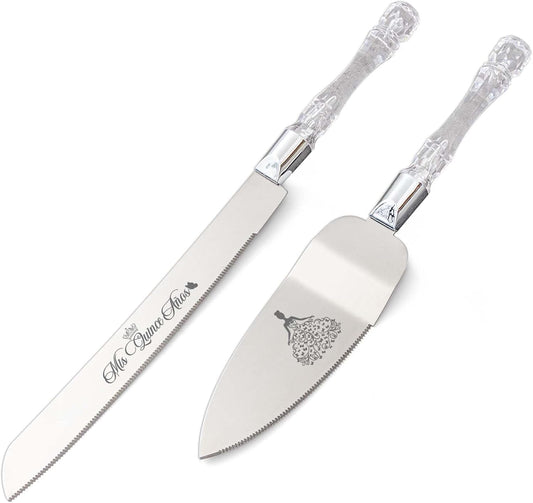 Mis Quince Años Quinceanera Cake Knife and Server Set - Sweet 15 Birthday Gifts for Girls, Feliz 15 Anos Party Decorations & Keepsake, Stainless Steel Cutting Set with Crystal Handles, Silver
