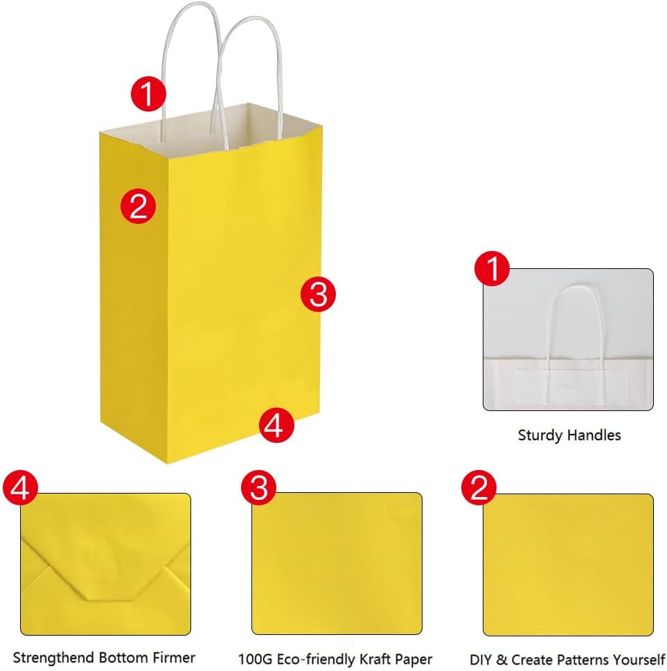 Oikss 100 Pack 5.25x3.25x8.25 Inch Small White Kraft Paper Bags with Handles Bulk for Birthday Wedding Party Favors Grocery Retail Shopping Business Goody Craft Gift Bags Cub Sacks (100pcs Count)