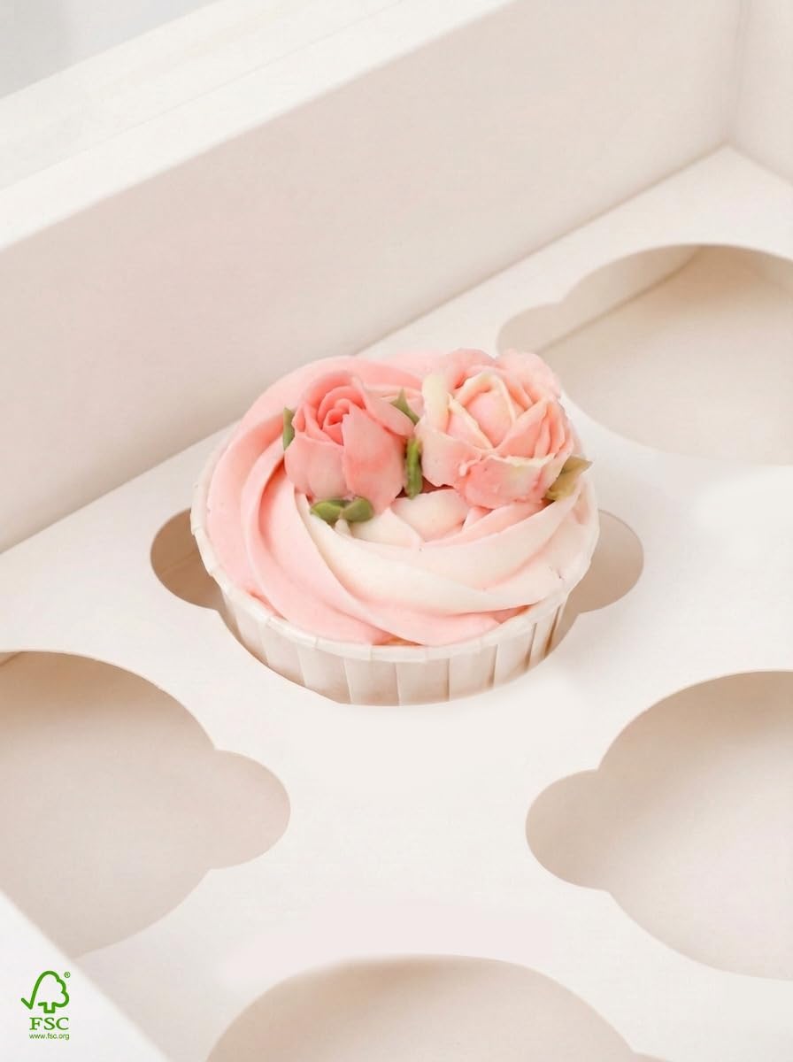 qiqee Auto-pop Up Cupcake Boxes with Window White 40PCS 12 Count Cupcake Box 13"x10"x3.5" Cupcakes Carrier, 12 Cupcake Containers with 2 rolls of pink ribbons