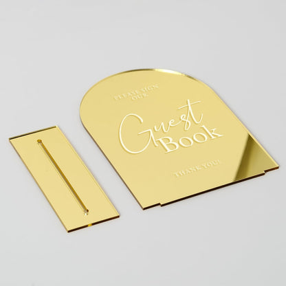 Acrylic Wedding Sign with Stand- 5"x7" Gold Mirror Arched Guest Book Signs and Base,1/8" Thick | Modern Calligraphy White Lettering Gold Arch Acrylic Table Sign for Wedding Reception & Party