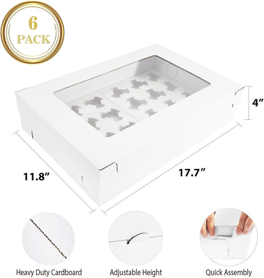 6 Pack Cupcake Boxes with Window for 24 Standard or Mini Cupcakes Corrugated Adjustable Height Bakery Box for Cake,Cookies,Donuts,Muffins&Other Pastries（17.7x11.8x4 Inch）