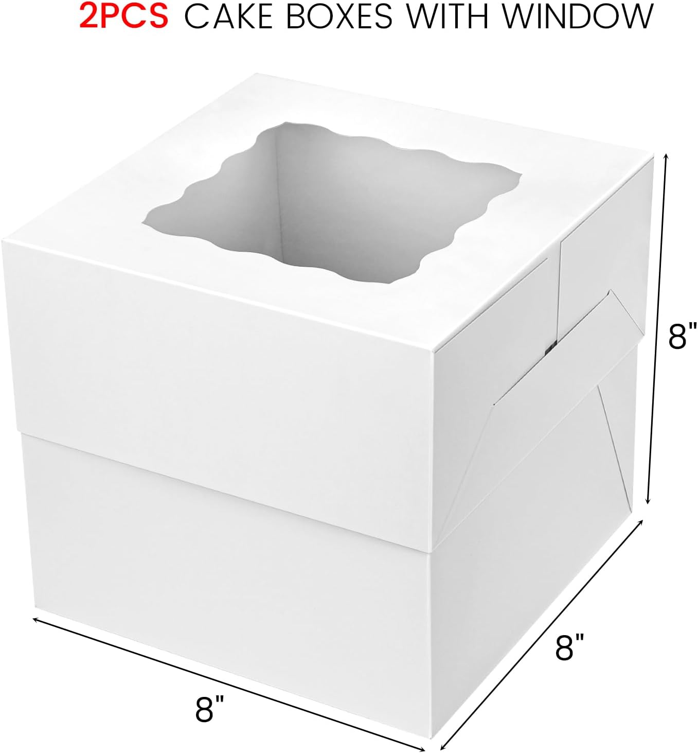 VGOODALL 2PCS Cake Boxes with Window, 8 x 8 x 8 Inches White Bakery Boxes Square Cardboard Cake Containers for Birthday Party Wedding…