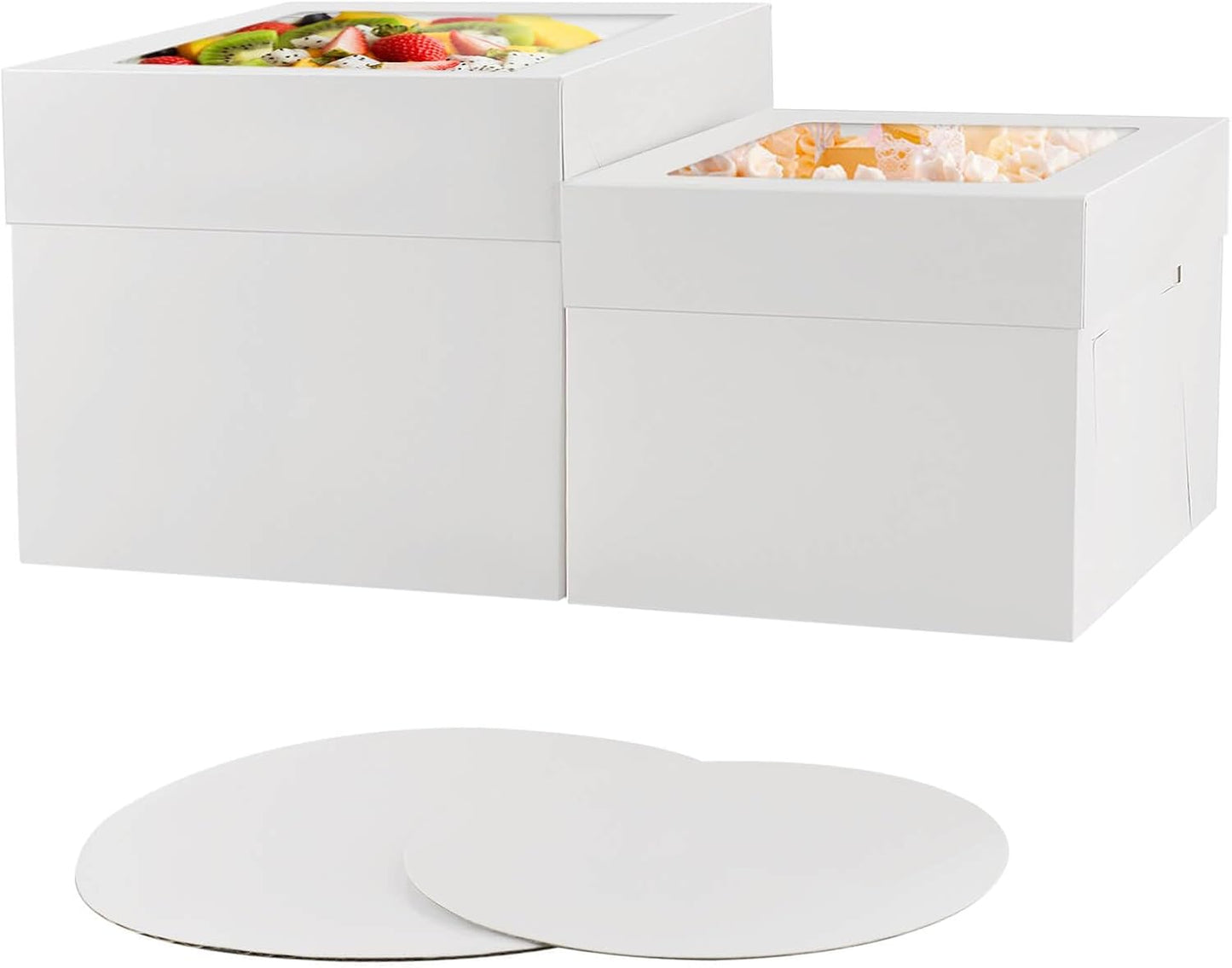 10 Pcs 12x12x10 10x10x8 Cake Boxes Set (5 Boxes & 5 Boards) with Windows Large in 2 Sizes Tall Bakery Boxes Disposable Carrier Take Out Container, Boxes in 2 Tier for Valentine's Day