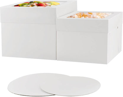 10 Pcs 12x12x10 10x10x8 Cake Boxes Set (5 Boxes & 5 Boards) with Windows Large in 2 Sizes Tall Bakery Boxes Disposable Carrier Take Out Container, Boxes in 2 Tier for Valentine's Day