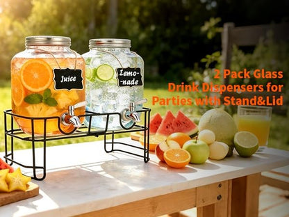 1 Gallon Glass Beverage Dispenser with Lid, Stainless Steel Spigot, Glass Drink Dispensers for Parties, Lemonade Dispenser With Ice Cylinder for Weddings, Party,Sun Tea Jar, Water Juice Dispensers