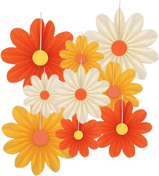 9 Pieces Wallpaper Fans with Orange Paper Flowers Party Decorations Birthday Parties Classroom Decorations Hanging Paper Fans Decor