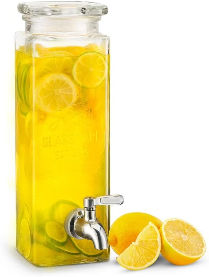 Kook Glass Drink Dispenser, with Leak-Proof Stainless Steel Spigot, Clear Rectangular Mason Jar, Beverage Storage for Fridge, for Water, Iced Tea, Sangria, Lemonade, 80 oz (2)