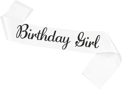 Birthday Girl Sash, White Silver Sash for Women and Girls, Birthday Party Decorations, Satin Material, One Size Fits Most
