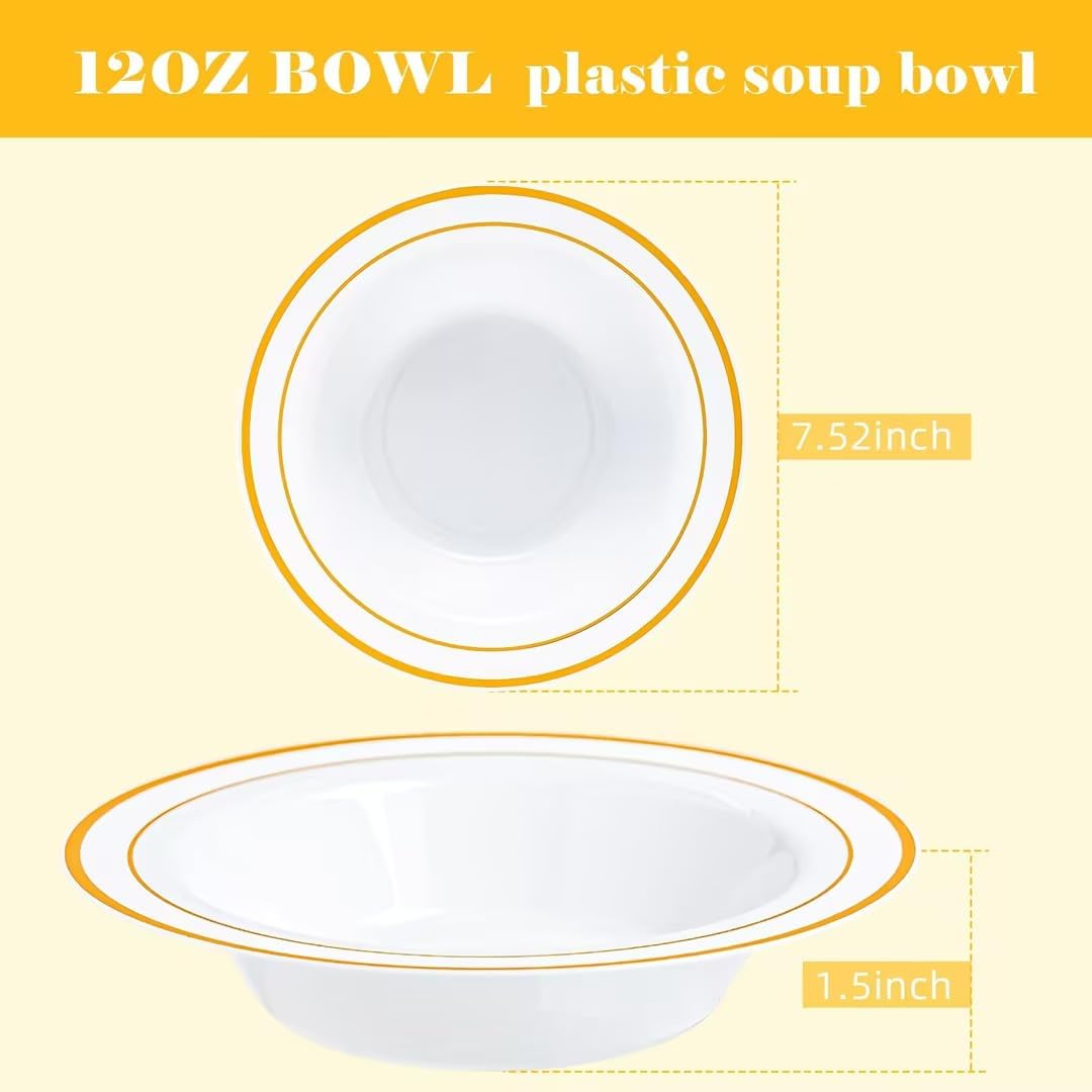 100 PCS Plastic Bowls with Gold Rim, 12oz Premium Heavy Duty Soup Bowls, Dessert and Salad Bowls for Party, Wedding and Holiday