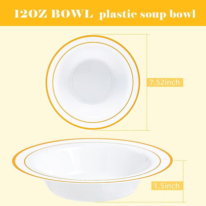 100 PCS Plastic Bowls with Gold Rim, 12oz Premium Heavy Duty Soup Bowls, Dessert and Salad Bowls for Party, Wedding and Holiday
