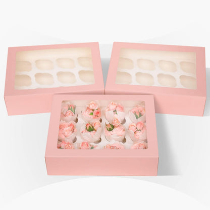 Bakepacker Auto-pop Up Cupcake Boxes with Window White 20PCS 12 Count Cupcake Box 13"x10"x3.5" Cupcakes Carrier, 12 Cupcake Containers with rolls of pink ribbons