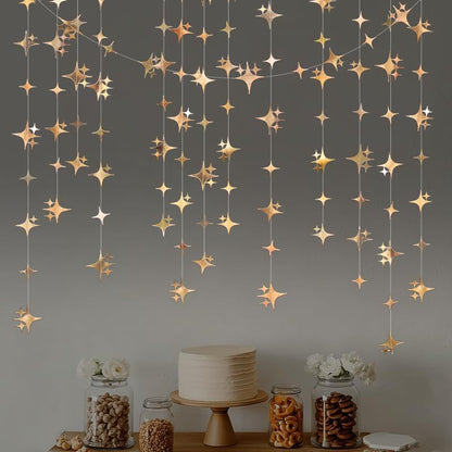 Glitter Gold Four-Angle Star Paper Garland Banner Décor 40 Feet Gold Twinkle Star Hanging Bunting Banner Backdrop for Wedding Baby Shower Birthday Graduation Disco Party Decorations