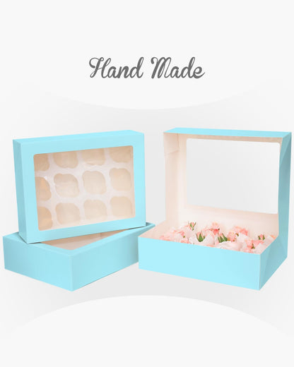 Bakepacker Auto-pop Up Cupcake Boxes with Window White 20PCS 12 Count Cupcake Box 13"x10"x3.5" Cupcakes Carrier, 12 Cupcake Containers with rolls of pink ribbons