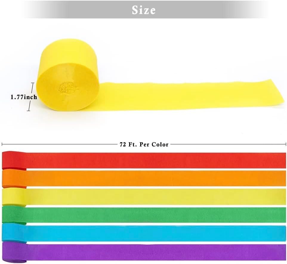 Streamers Paper 433ft Long 1.77in Wide Crepe Paper Streamers, Tassels Paper for Party Decorations Wedding,Festival (Rainbow Streamers 6 Packs)