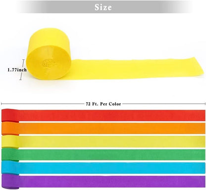 Streamers Paper 433ft Long 1.77in Wide Crepe Paper Streamers, Tassels Paper for Party Decorations Wedding,Festival (Rainbow Streamers 6 Packs)