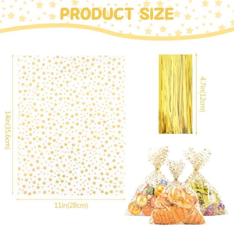 100 Pcs Star Printed 5"X 7" Gift Wrap Cello Cellophane Treat Bags Party Favor bags Clear Candy Cookie Bag Plastic Poly Goodie Storage Bag with Twist Ties for Bakery,Birthday, Wedding ,Party Decorations (Gold)