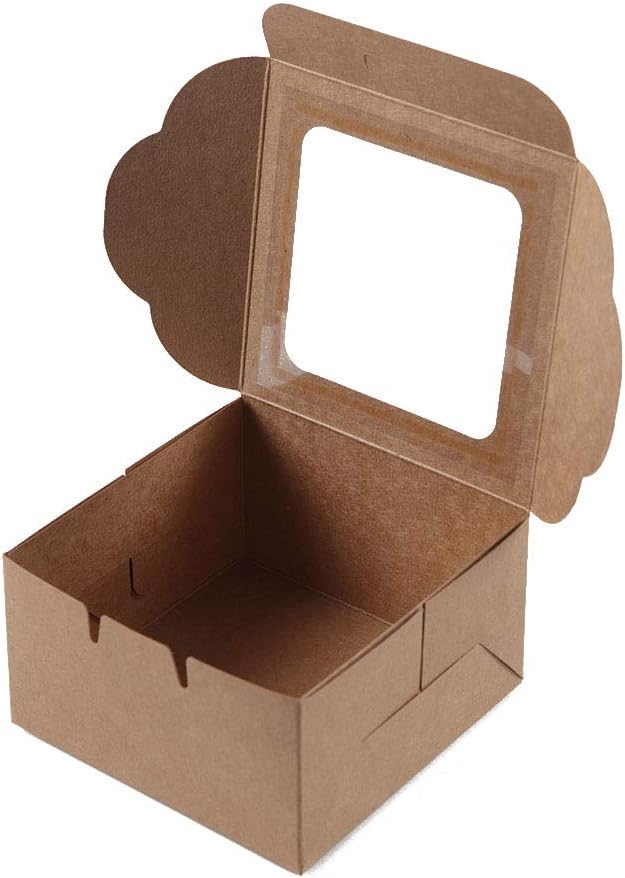 Bubbley Kraft Paper Bakery Boxes - 50-Pack Single Pastry Box 4-Inch, Packaging with Clear Display Window, Donut, Mini Cake, Pie Slice, Dessert Disposable Take-Out Container, Brown, 4 x 2.3 x 4 Inches