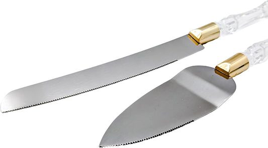 Lassos Boutique 2-Piece Acrylic Faux Handle Cake Server and Knife Set for Wedding Cake, Thanksgiving, Christmas, Stainless Steel Blade, Gold Accent Handle