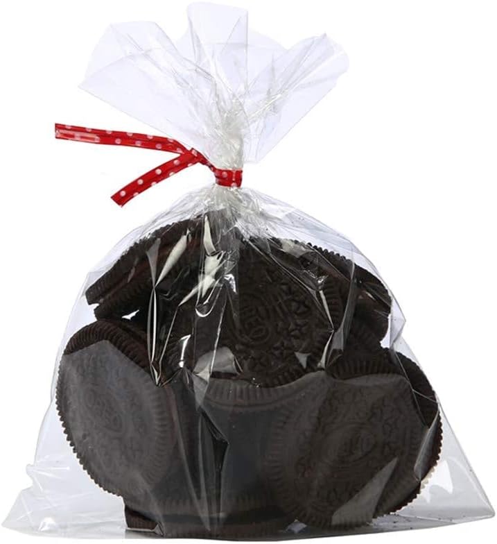 Brandon-super 100 Pcs 8 in x 6 in Clear Flat Cello Cellophane Treat Bags Good for Bakery,Popcorn,Cookies, Candies,Dessert, Birthday 1.4mil.Give Metallic Twist Ties!