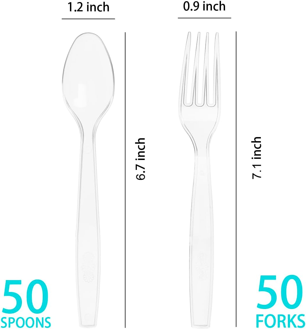 MOACOCK 100 Count Plastic Silverware, Heavy Weight Plastic Forks Spoons Disposable Utensils Cutlery Set for Wedding Party Supplies Everyday Use