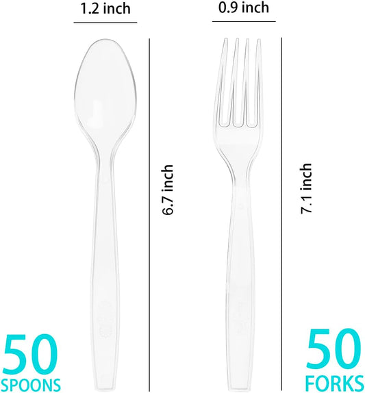 MOACOCK 100 Count Plastic Silverware, Heavy Weight Plastic Forks Spoons Disposable Utensils Cutlery Set for Wedding Party Supplies Everyday Use