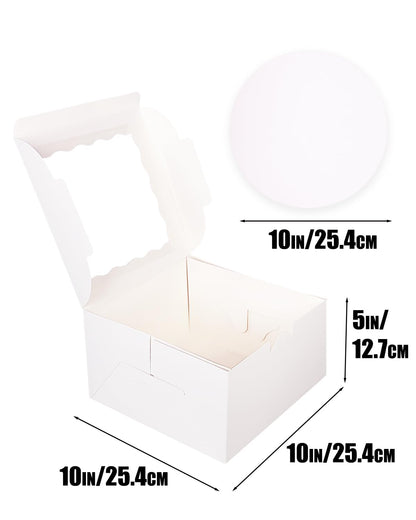 qiqee 10x10x5 Cake Box, 4 Sets Pink Cake Box with Window ＆ 4 Sets 10" Pink Cake Round Boards, 10inch Cake Containers