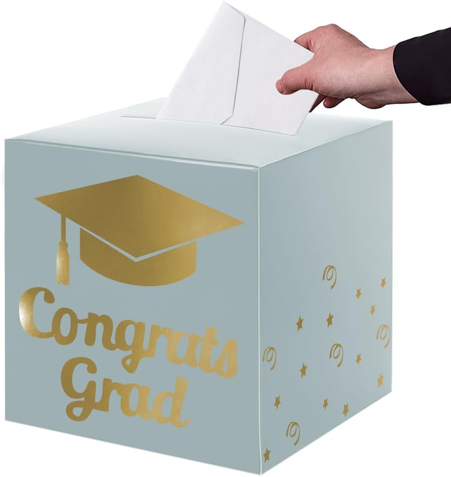 Graduation Card Box Holder, Congrats Grad Foldable Cardboard Decorations Box for Graduation Party Decoration and Grad Parties (Black)