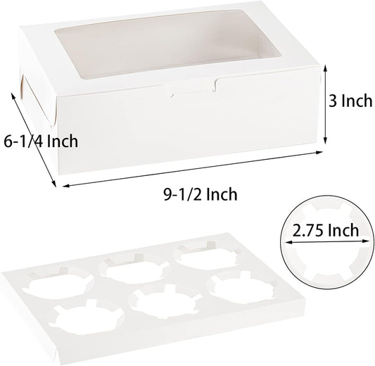 Jucoan 50 Pack White Paper Cupcake Box with Insert and Window Hold 6 Standard Cupcakes, Cupcake Carrier Container, Bakery Muffin Box for Pastry, Cookies, Birthday, Mother's Day, Wedding Party
