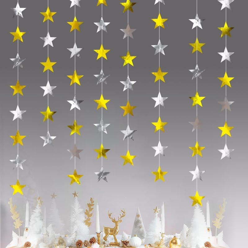 Iridescent Shining Star Hanging Garland Iridescent Hanging Sparkling Star Streamer Glitter Bunting Banner Twinkle Backdrop for Wedding Baby Shower Birthday Christmas Decorations 40 Feet