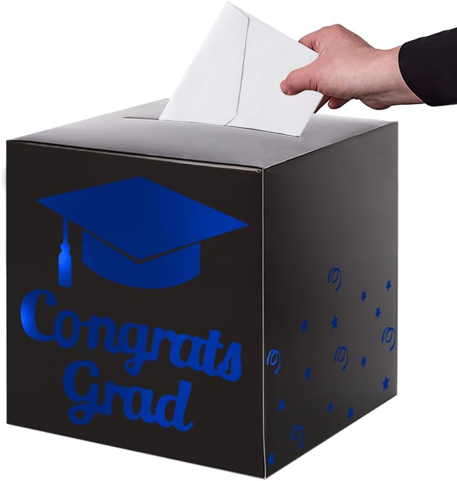 Graduation Card Box Holder, Congrats Grad Foldable Cardboard Decorations Box for Graduation Party Decoration and Grad Parties (Black)