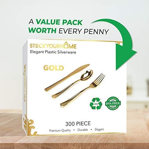 Gold Plastic Silverware Set (160 Bulk Pack) Disposable Cutlery Utensils, 80 Gold Forks, 40 Gold Knives, 40 Gold Spoons, Heavy Duty Flatware For Holidays, Parties, Dinners, Weddings, and Occasions