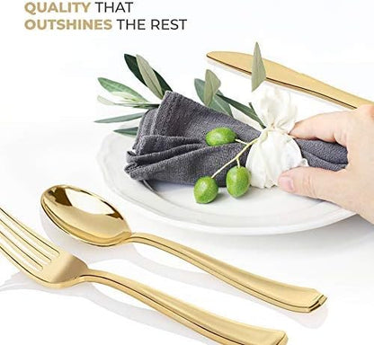 Gold Plastic Silverware Set (160 Bulk Pack) Disposable Cutlery Utensils, 80 Gold Forks, 40 Gold Knives, 40 Gold Spoons, Heavy Duty Flatware For Holidays, Parties, Dinners, Weddings, and Occasions