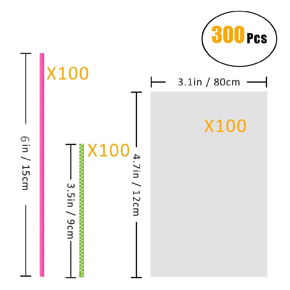 BEFORYOU 6 Inch Cake Pop Sticks Set Pack of 300, Each of 100 Pieces Parcel Bags, Colorful Treat Sticks, Colorful Metallic Wire for Lollipops Candies Chocolates and Cookies