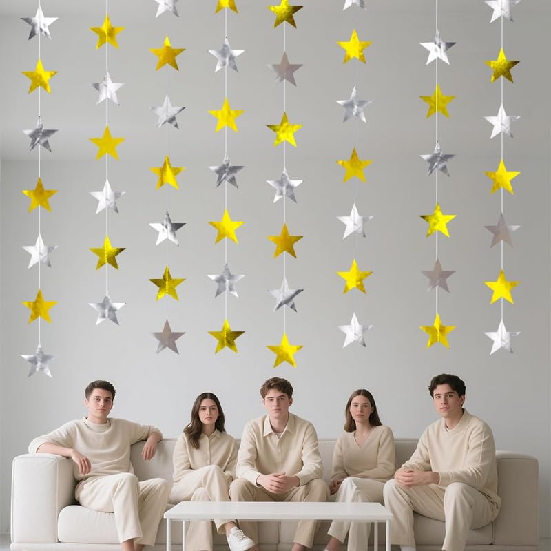 Iridescent Shining Star Hanging Garland Iridescent Hanging Sparkling Star Streamer Glitter Bunting Banner Twinkle Backdrop for Wedding Baby Shower Birthday Christmas Decorations 40 Feet