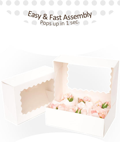 qiqee White 6 Cupcake Boxes with Window Auto-pop up 30 Packs Cupcake Box 9.4"x6.1"x3.3" Bakery Boxes For Cupcakes Carrier, Cupcake Containers