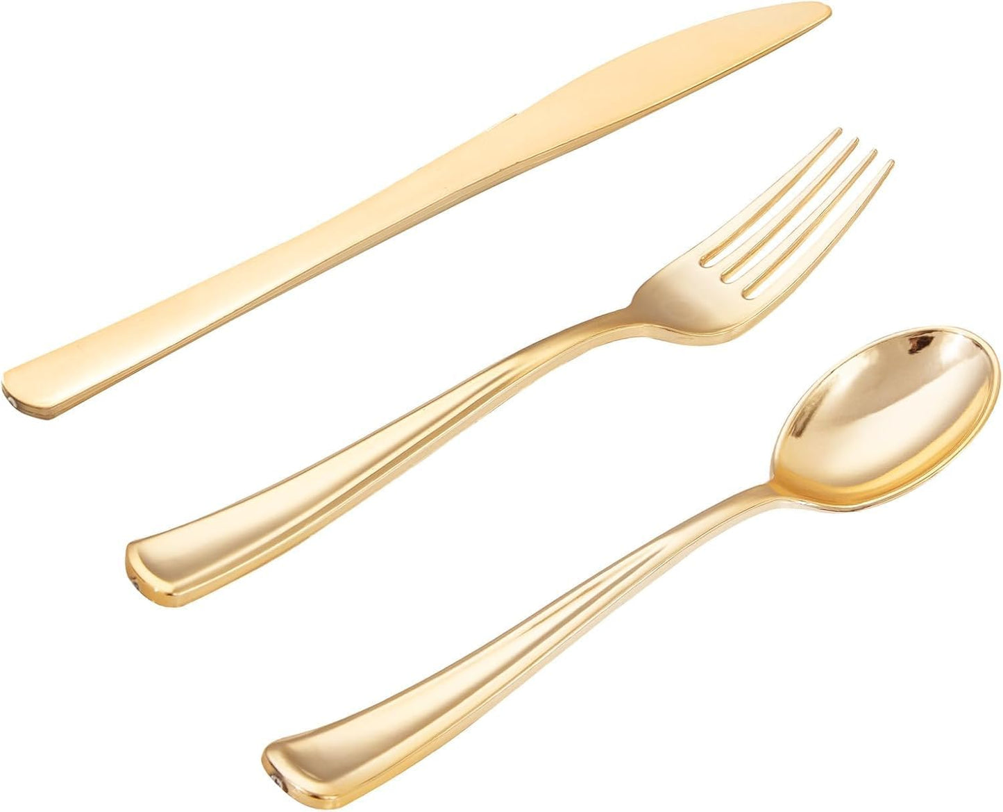 WDF300 Pieces Gold Plastic Silverware - Heavy Duty Disposable Cutlery Set Plastic Gold Silverware Set Includes 100 Forks, 100 Spoons, 100 Knives for Party Baby Shower Wedding Spring