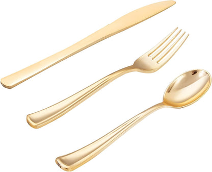 WDF300 Pieces Gold Plastic Silverware - Heavy Duty Disposable Cutlery Set Plastic Gold Silverware Set Includes 100 Forks, 100 Spoons, 100 Knives for Party Baby Shower Wedding Spring