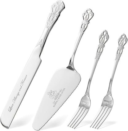 Cake Cutting Set for Wedding, Gold Wedding Cake Knife and Server Set, 4 Pieces pizza spatula and Knife with Forks for Engagements, Anniversaries