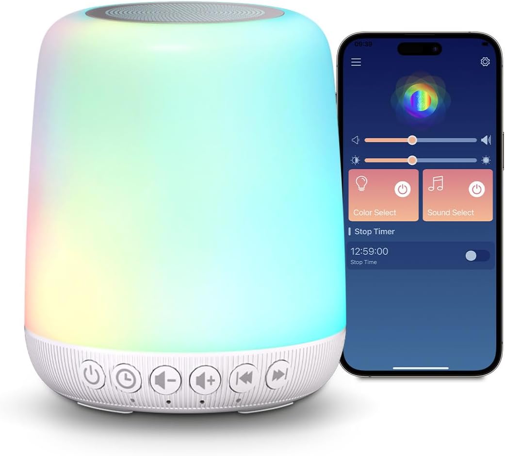 Sound Machine Easysleep White Noise Machine with 25 Soothing Sounds and Night Lights with Memory Function 32 Levels of Volume and 5 Sleep Timer Powered by AC or USB for Sleeping Relaxation (White)