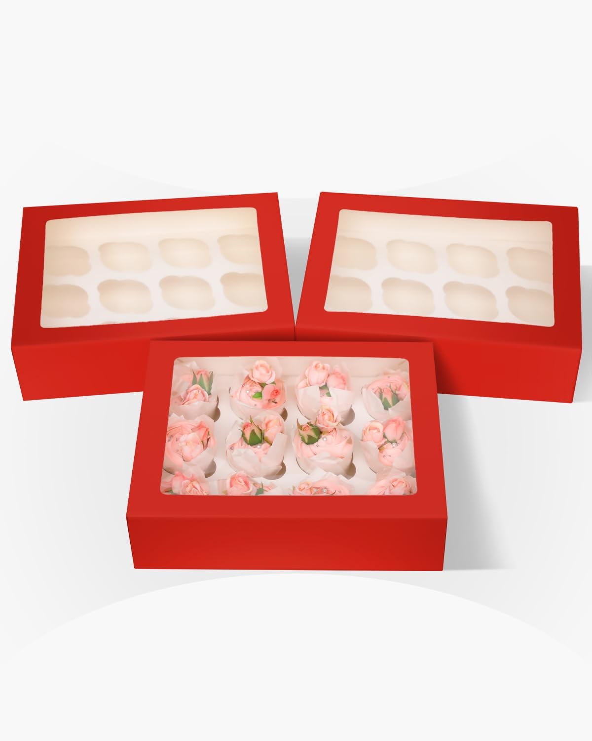 Bakepacker Auto-pop Up Cupcake Boxes with Window White 20PCS 12 Count Cupcake Box 13"x10"x3.5" Cupcakes Carrier, 12 Cupcake Containers with rolls of pink ribbons