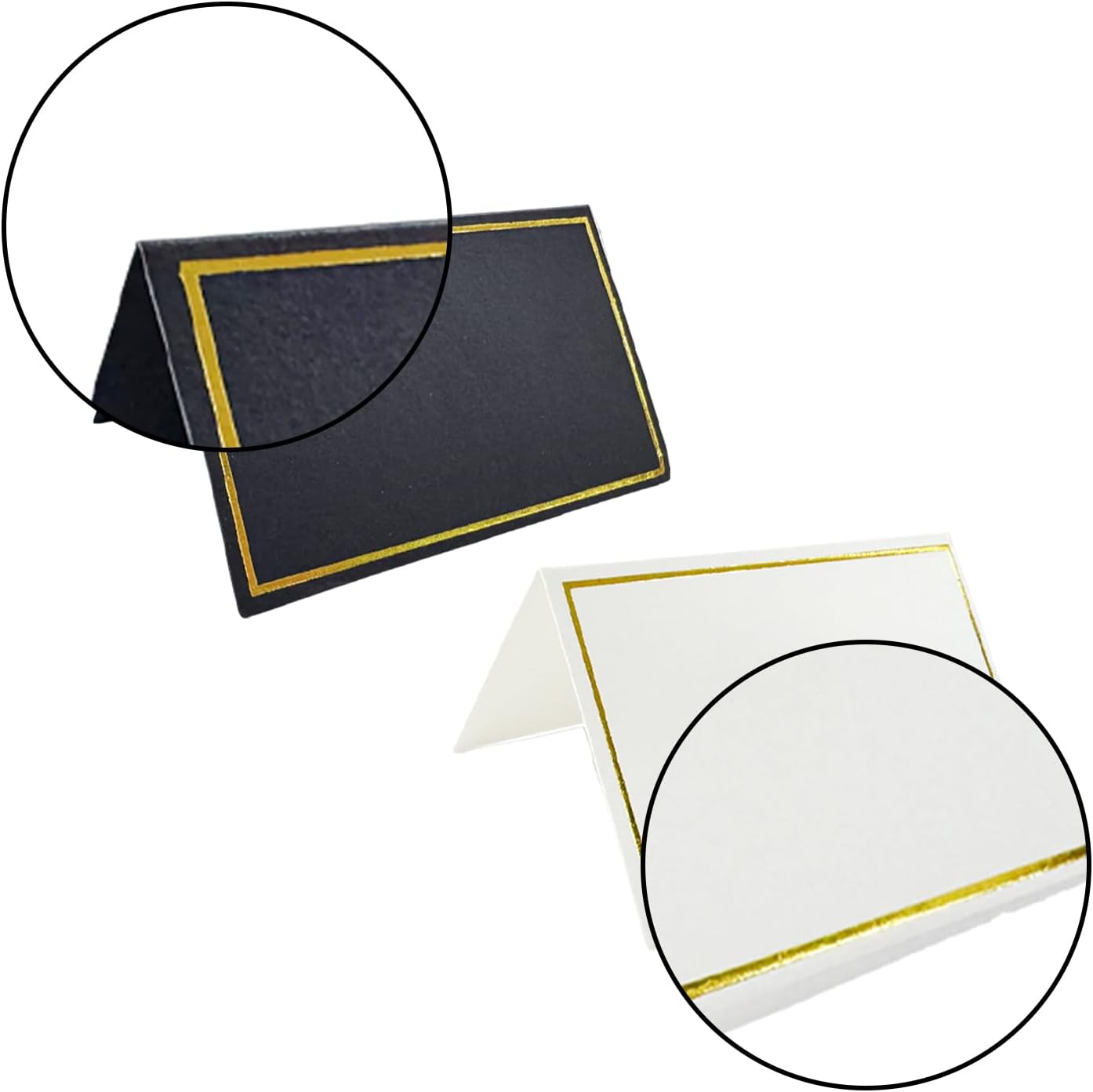 100Pcs Black & White Place Cards, 2"x3.5" Folded Tent Name Cards with Luxurious Gold Foil Border for Weddings, Banquets, Dinner Parties - 50 Black + 50 White