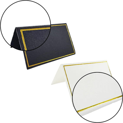 100Pcs Black & White Place Cards, 2"x3.5" Folded Tent Name Cards with Luxurious Gold Foil Border for Weddings, Banquets, Dinner Parties - 50 Black + 50 White