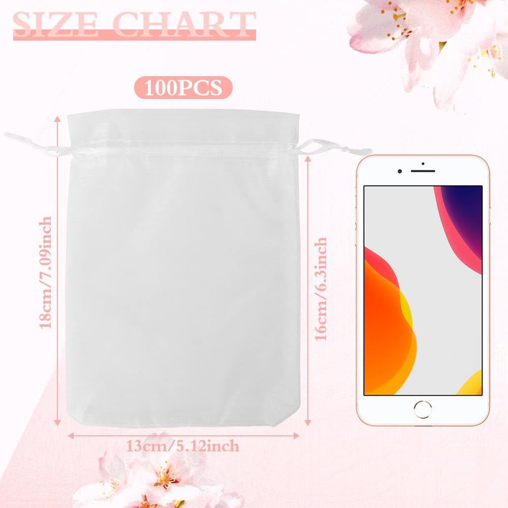Organza Bags, Organza Bags 5 x 7 Inch, 50 Pcs White Sheer Party Favor Mesh Bag with Drawstring, Small Jewelry Gift Candy Bag for Wedding Christmas Birthday Halloween Graduation Party Favors Supplies